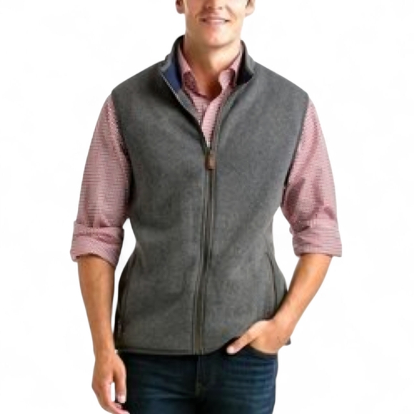 Vineyard Vines Men's Full Zip Gray Knit Vest Fleece Lined Leather Trim Large - Picture 1 of 8